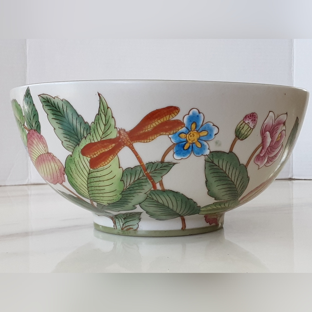 SIGNATURE HOME COLLECTION Hand Painted Dragonfly Floral Footed Bowl 10"
